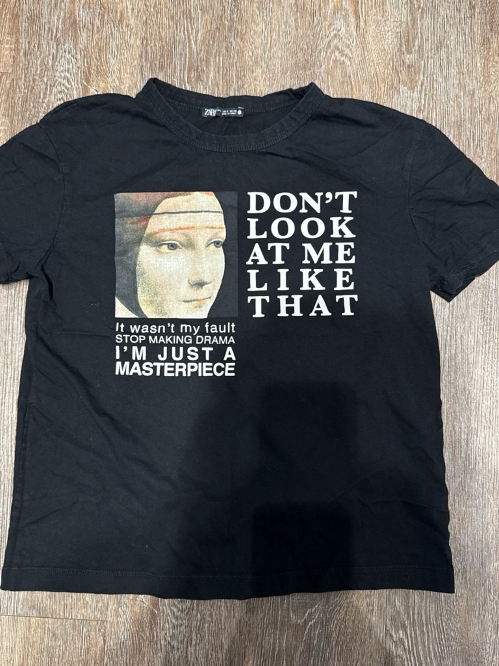 Zara Black Graphic Tee with Vintage Portrait Print